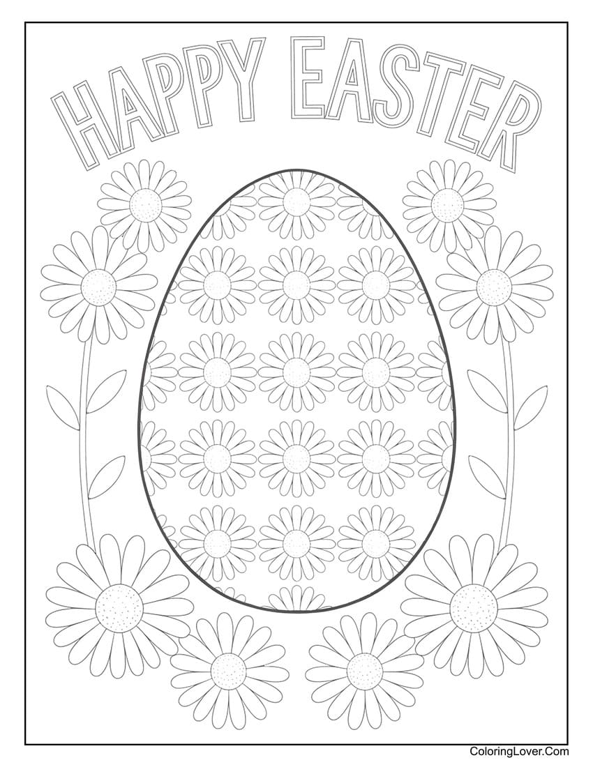 Happy Easter egg and daisy coloring page for kids