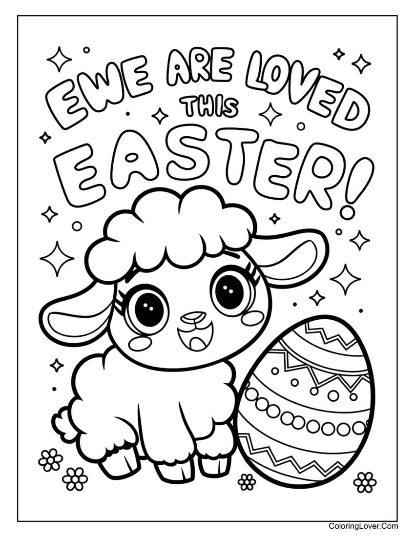Happy lamb with a decorated Easter egg coloring page for kids