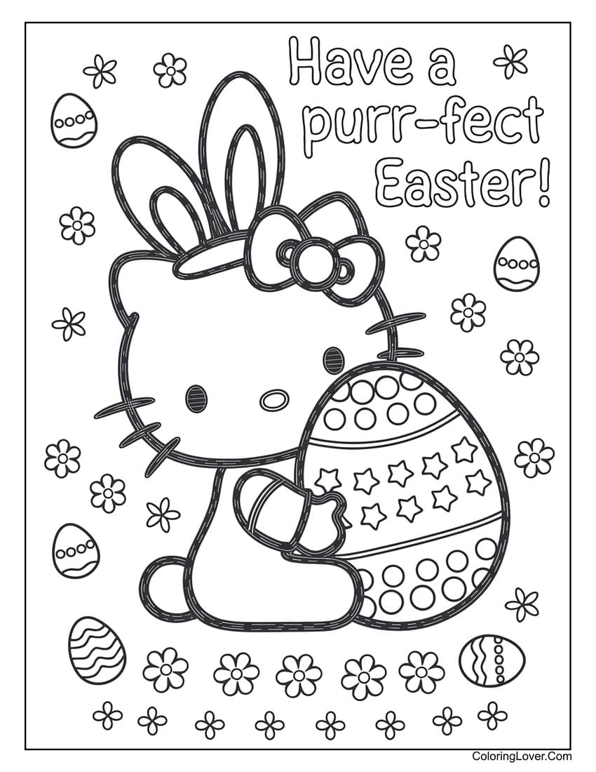 Hello Kitty holding a decorated Easter egg coloring page for kids