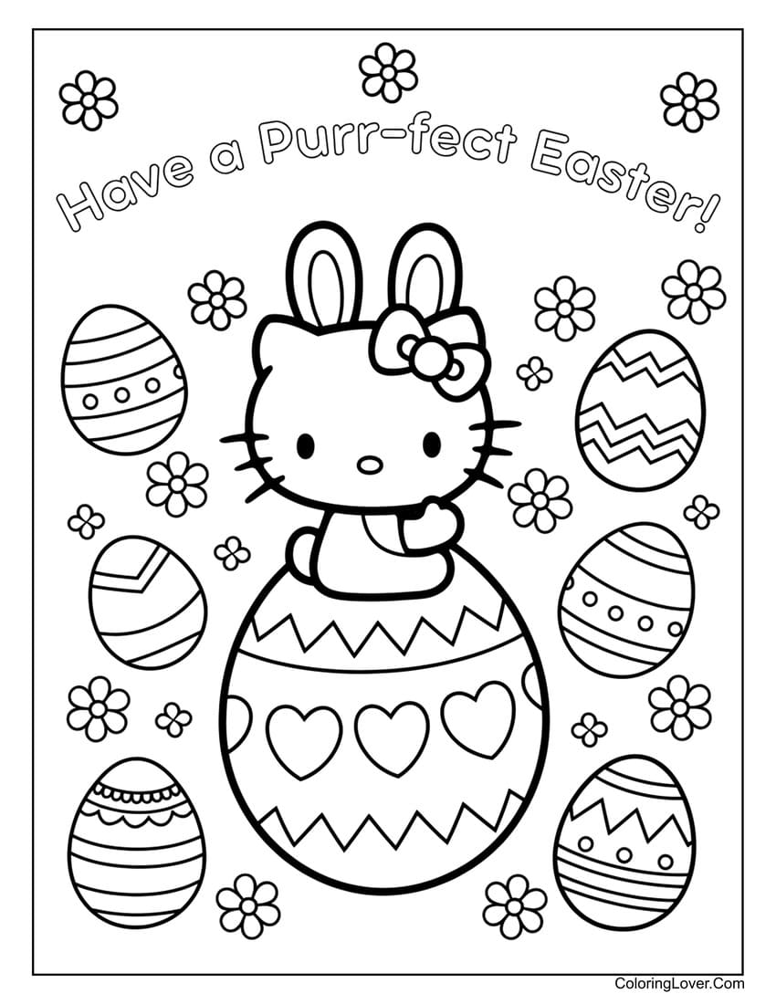 Hello Kitty sitting on a decorated Easter egg coloring page