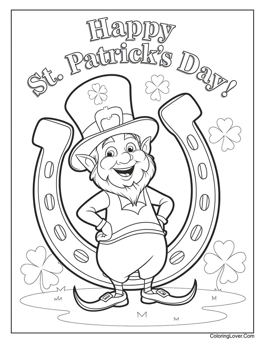 Leprechaun with horseshoe St. Patrick’s Day coloring page