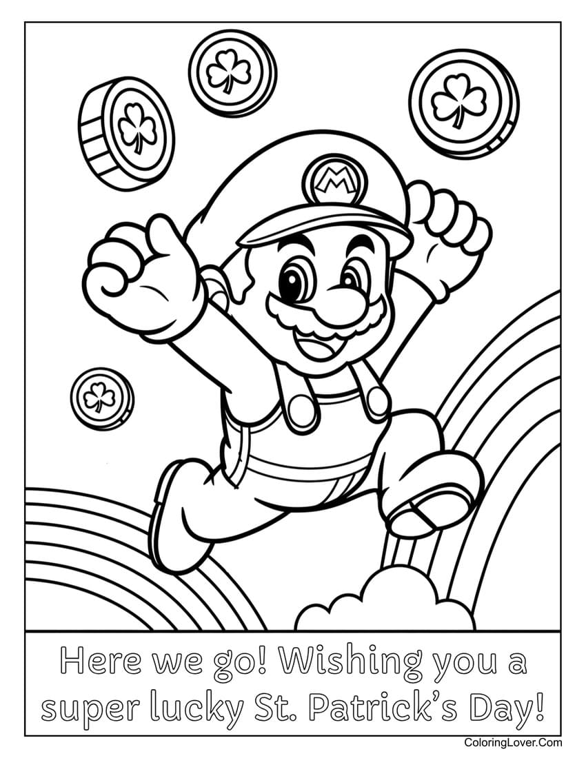Mario jumping on rainbow coloring page