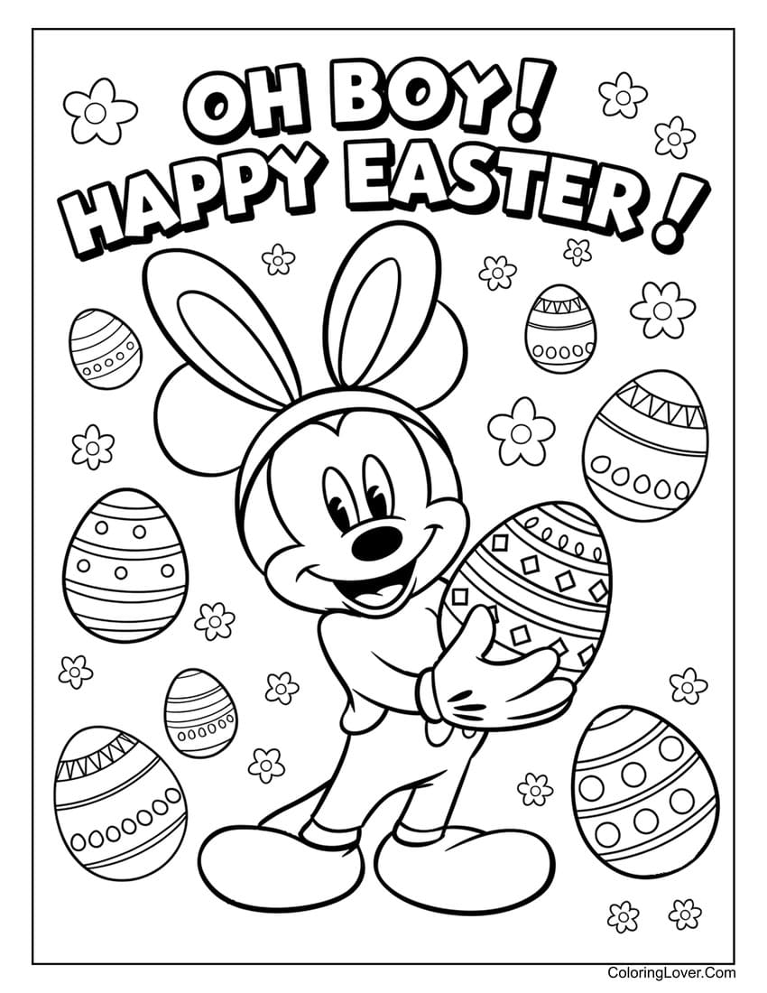 Mickey Mouse celebrating Easter with an egg coloring page