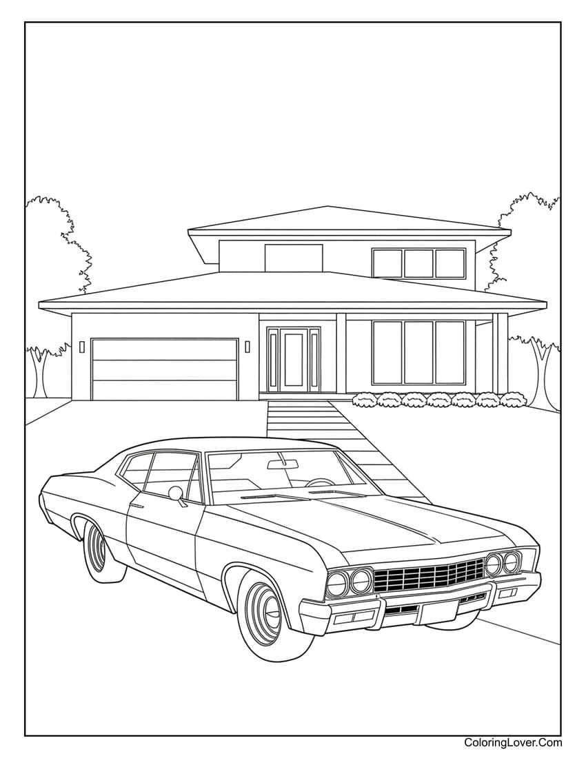 Modern suburban house with vintage car coloring page