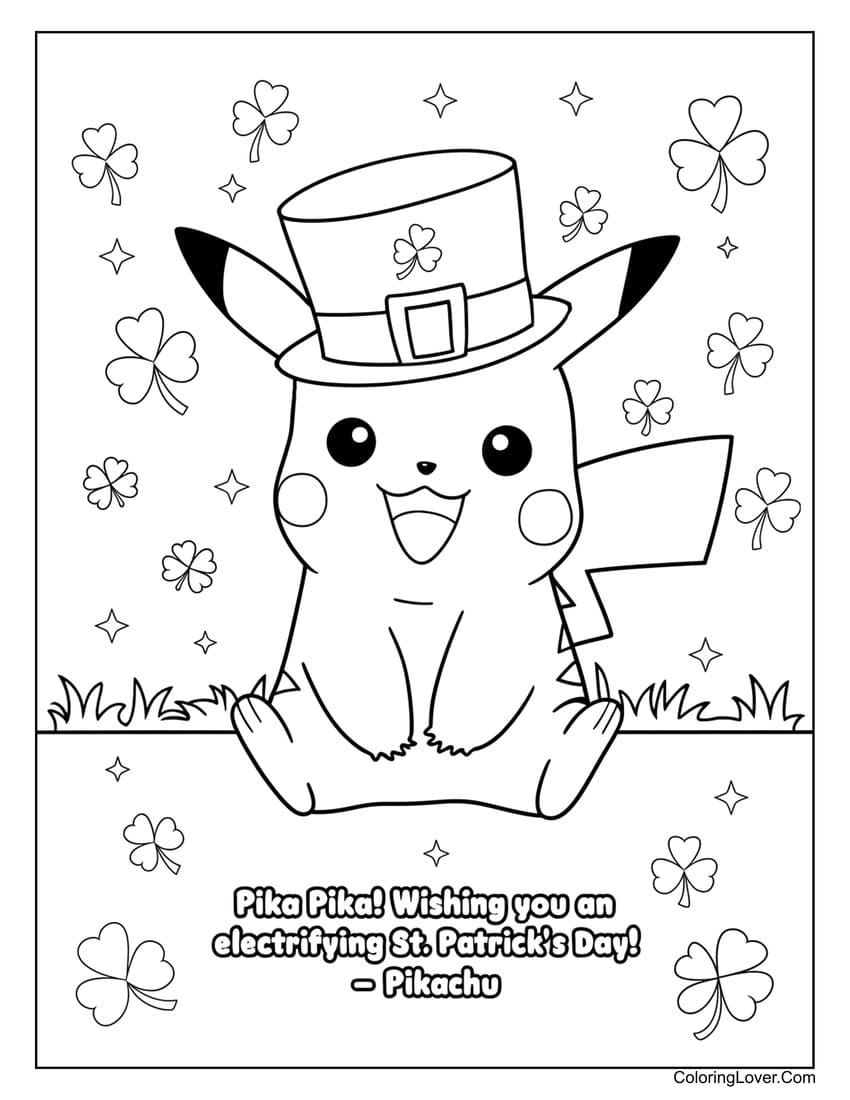 Pikachu electrifying St. Patrick’s coloring page