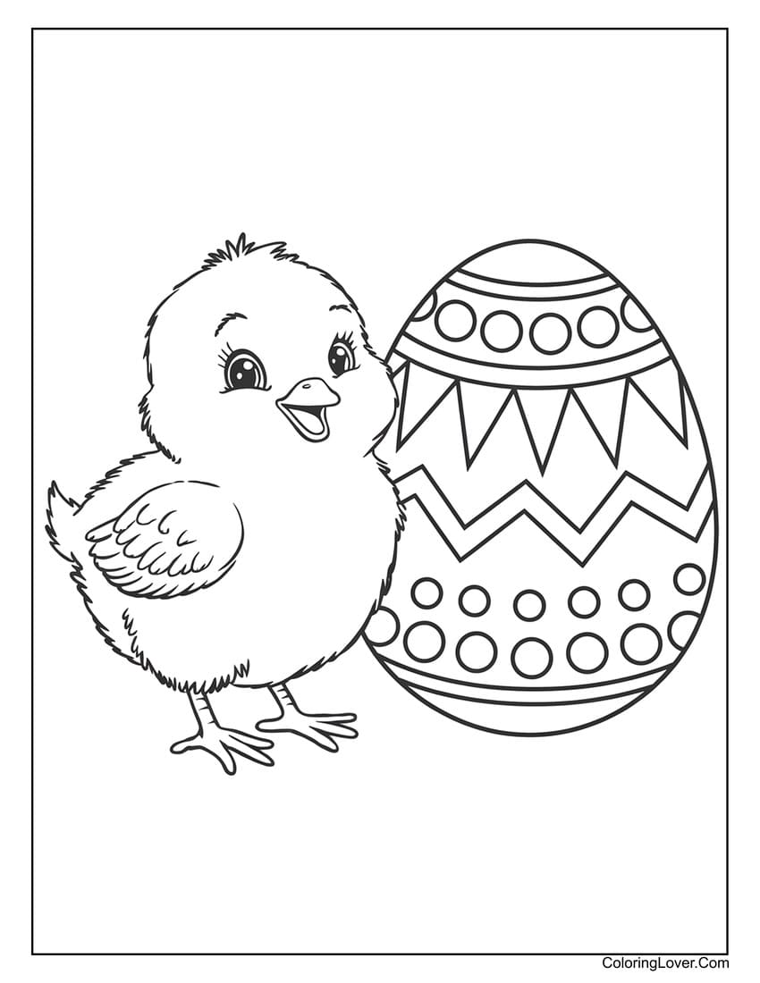 Preschool chick with decorated Easter egg coloring page