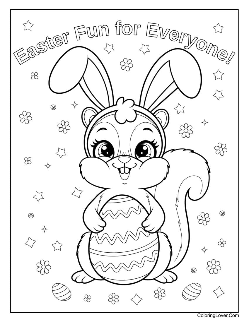Smiling squirrel holding an Easter egg coloring page