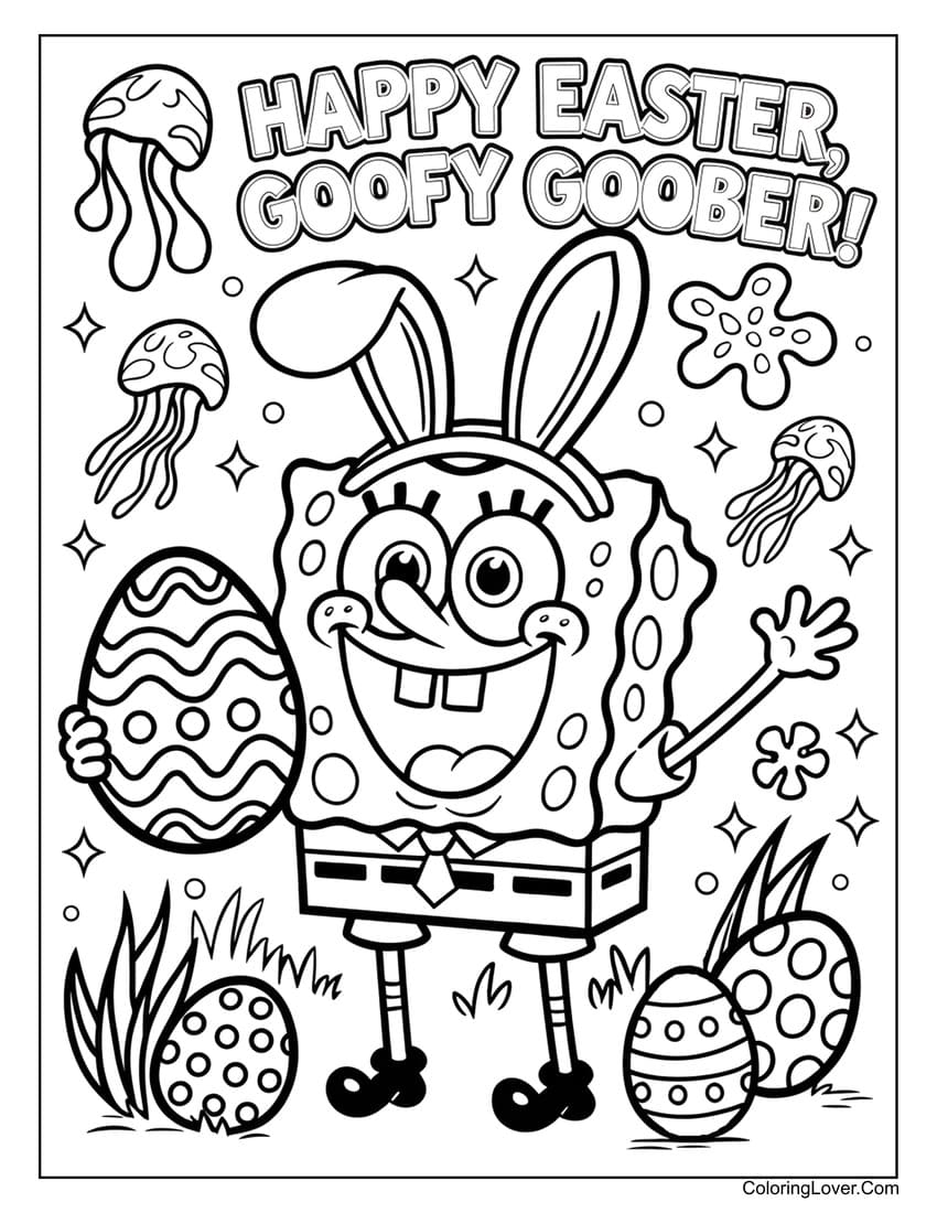SpongeBob SquarePants celebrating Easter with eggs coloring page