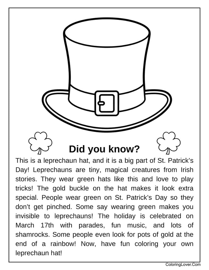 St. Patrick’s Day leprechaun hat coloring page