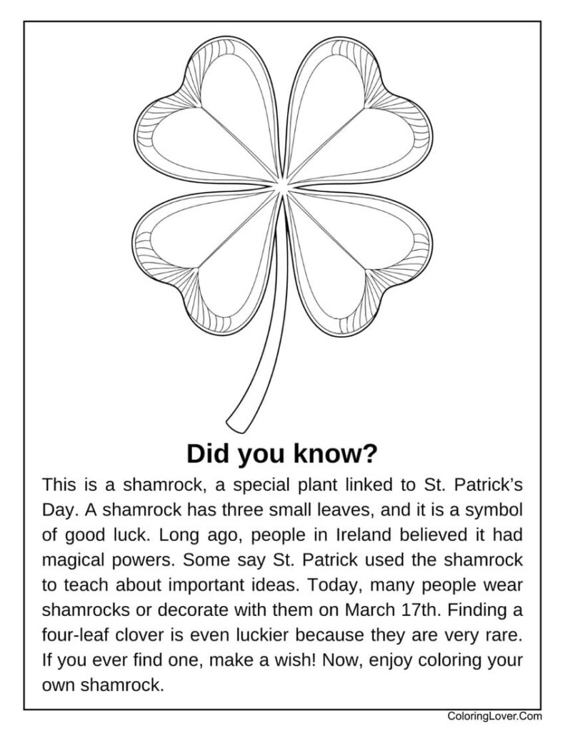 St. Patrick’s Day shamrock fact coloring page