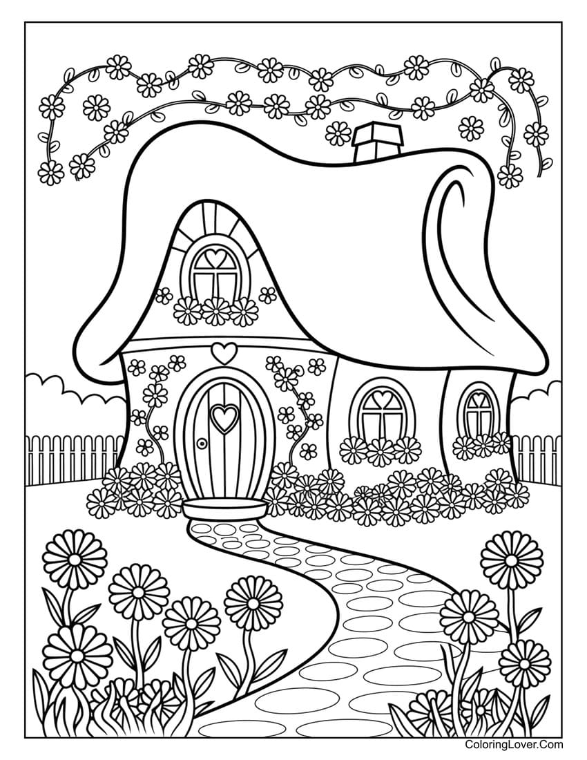 Whimsical cottage coloring page with flowers and vines