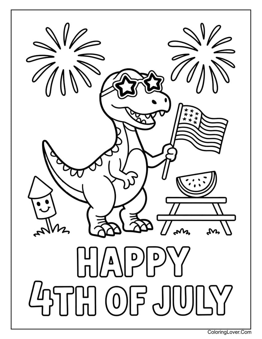 4th of July dinosaur waving flag with fireworks coloring page