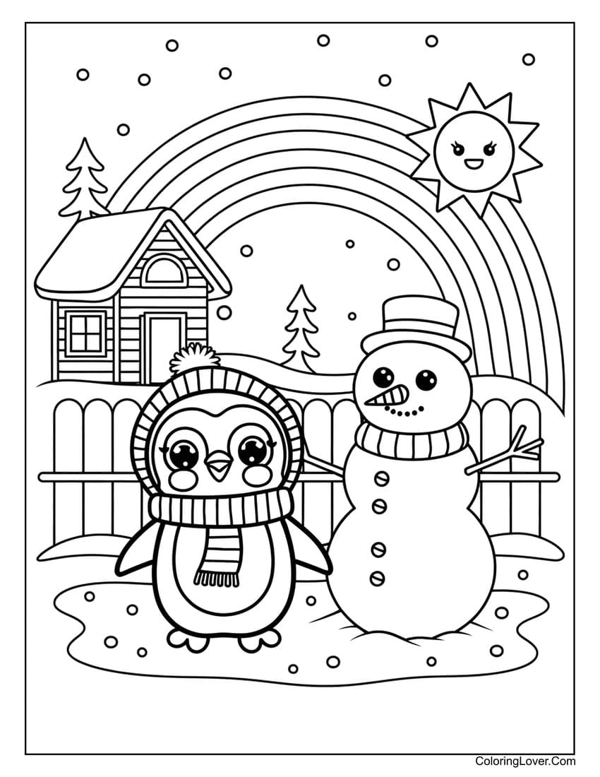 Adorable kids coloring page with a penguin, snowman, and rainbow
