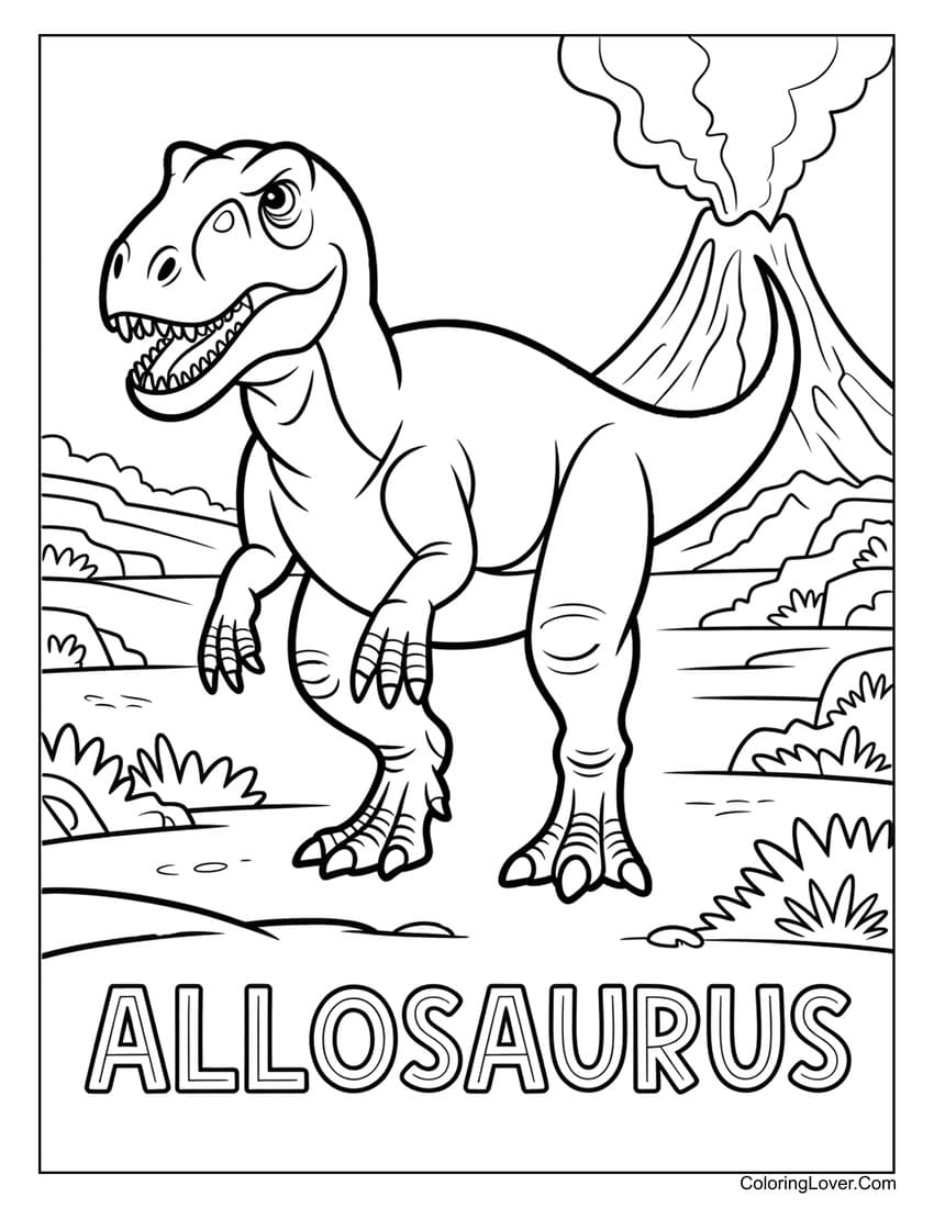Allosaurus near volcano in prehistoric valley coloring page