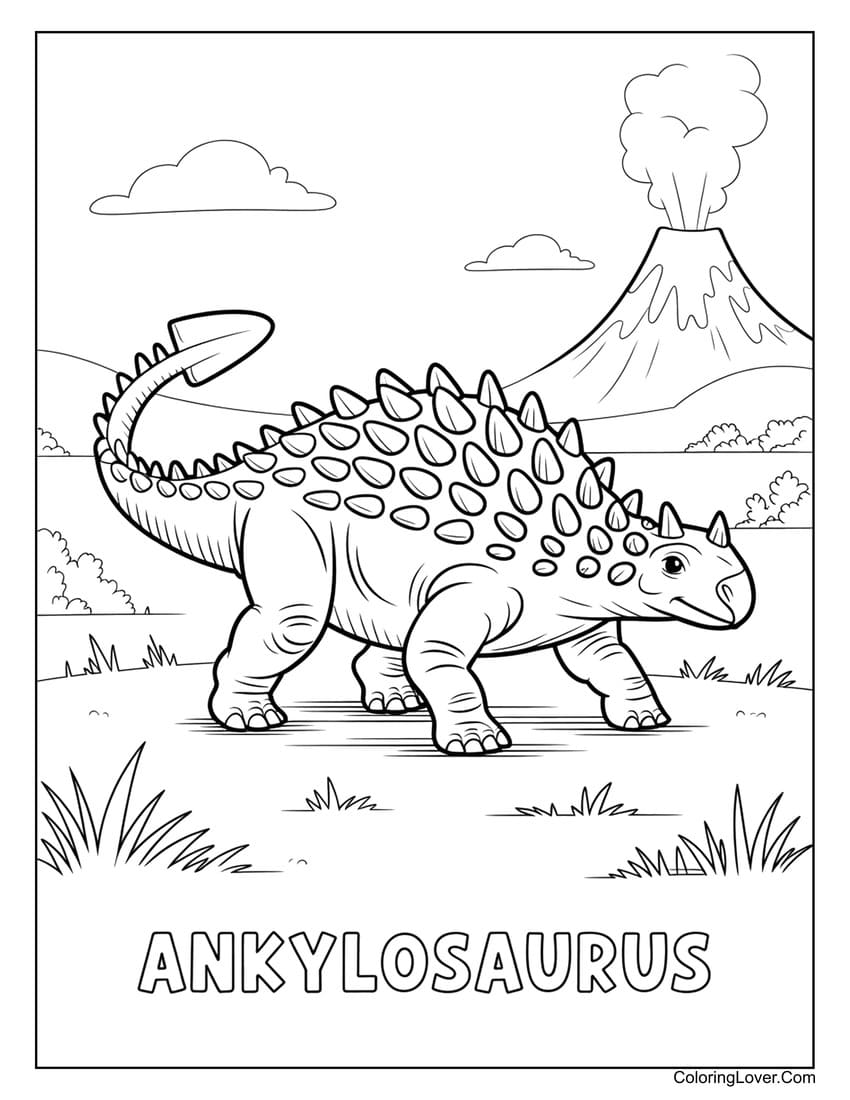 Ankylosaurus walking near volcano with tail raised coloring page