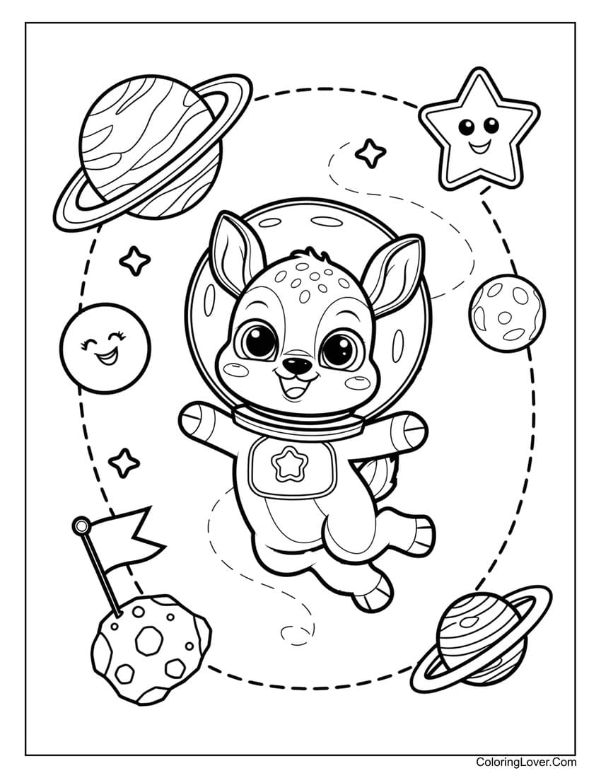 Astronaut deer floating in space coloring page