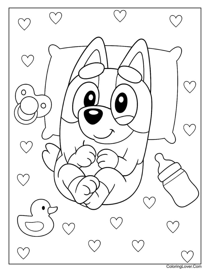 Baby Bluey lying on pillow with bottle, pacifier and rubber duck coloring page