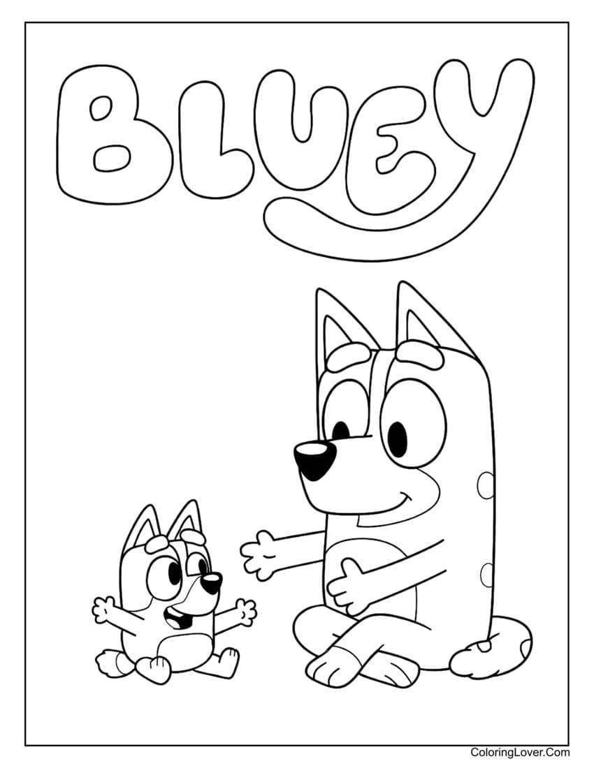 Baby Bluey playing with Chilli in a sweet bonding moment coloring page