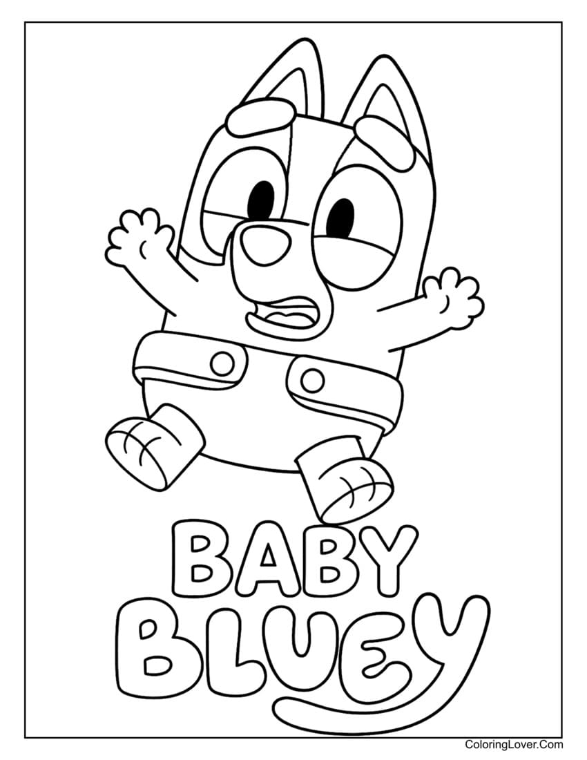 Baby Bluey sitting in diaper with playful expression coloring page