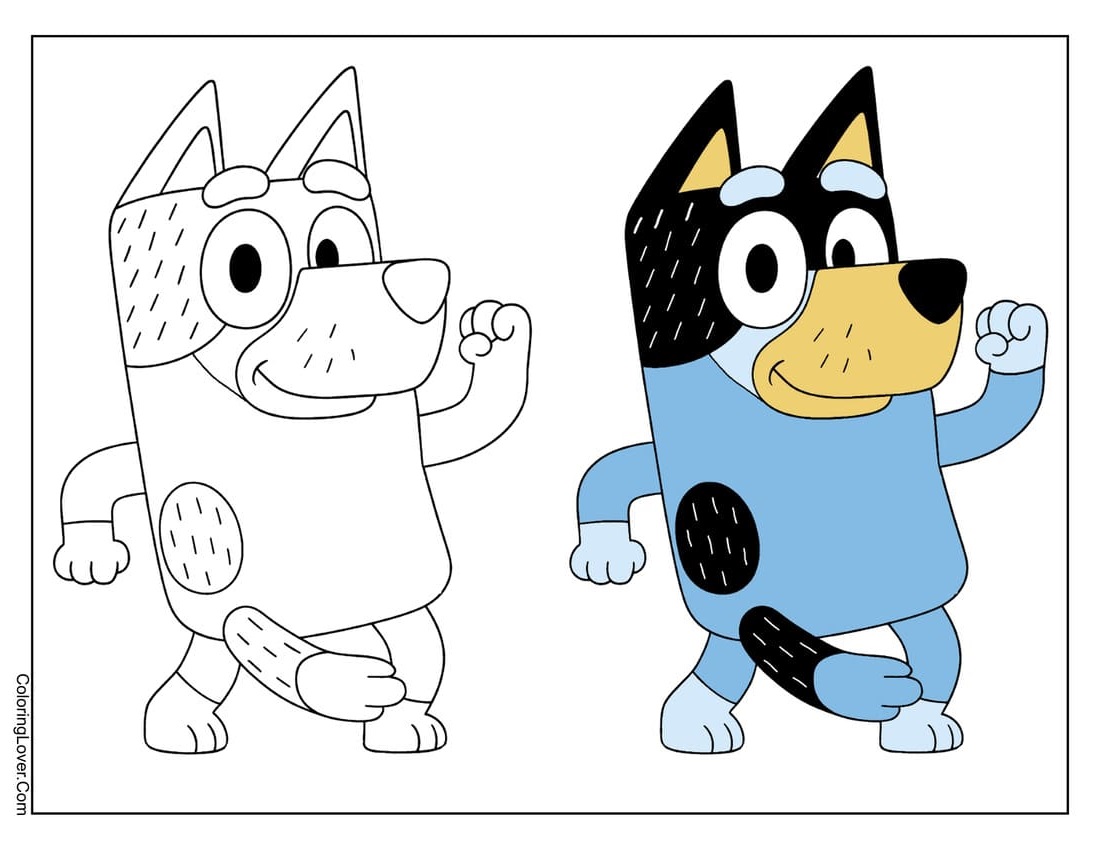 Bandit from Bluey coloring page showing colored and uncolored versions for easy reference