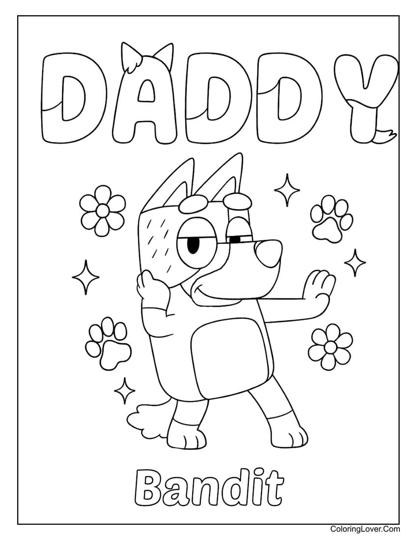 Bandit from Bluey dancing with playful paw prints coloring page