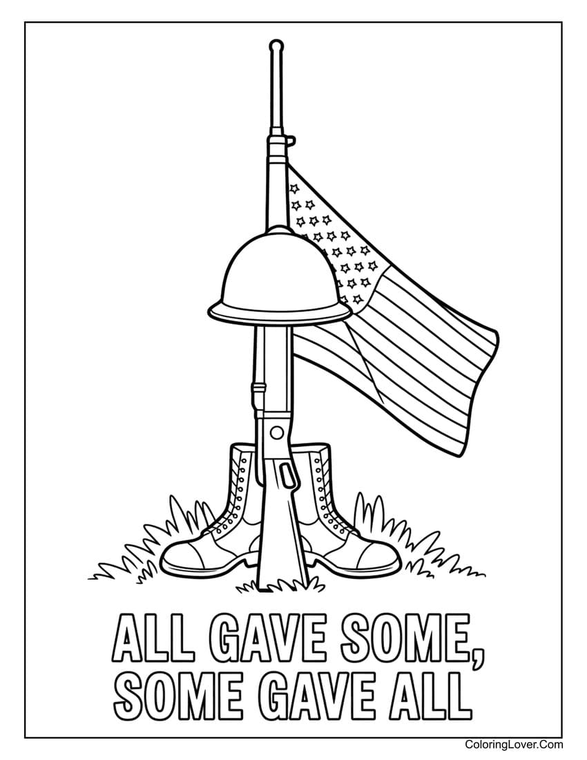 Battlefield cross tribute on Memorial Day coloring page