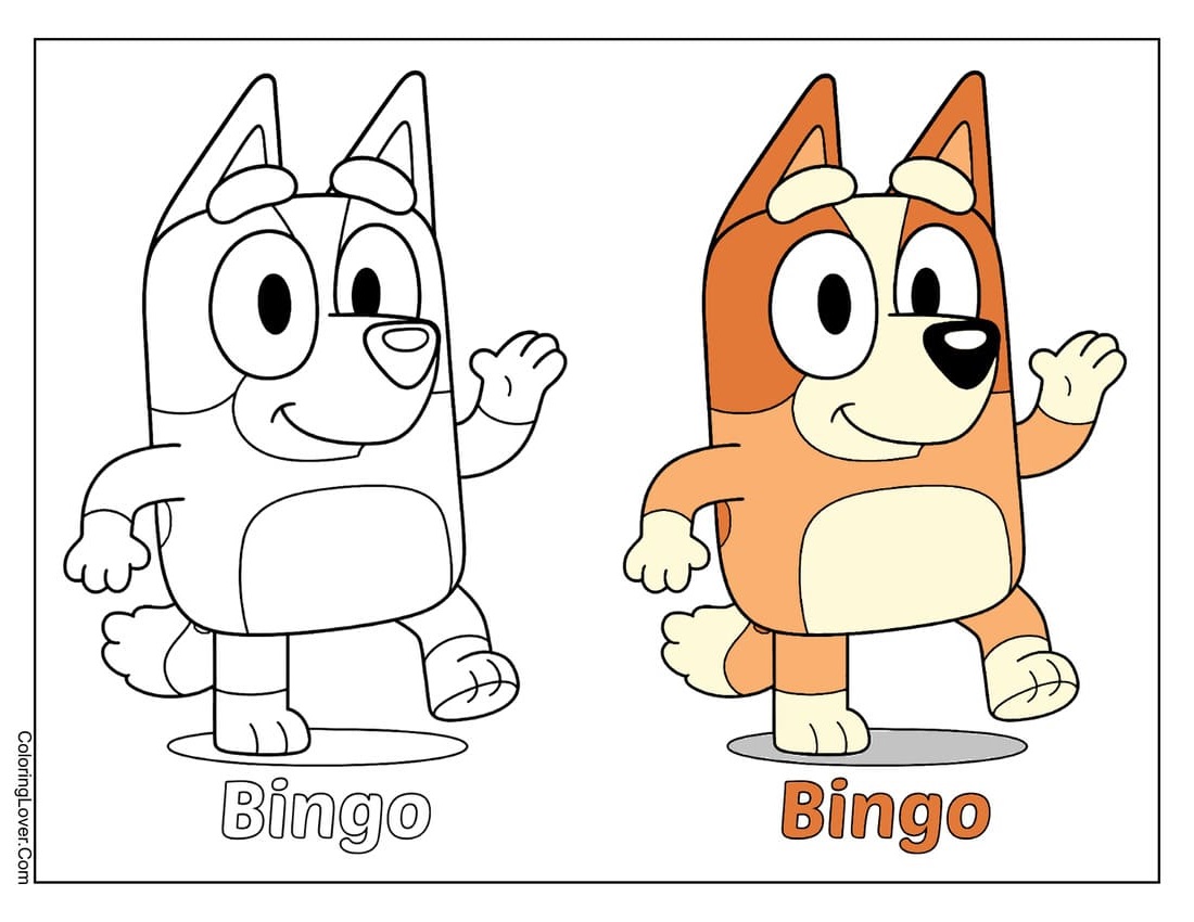 Bingo character coloring page with one side pre-colored as a helpful guide