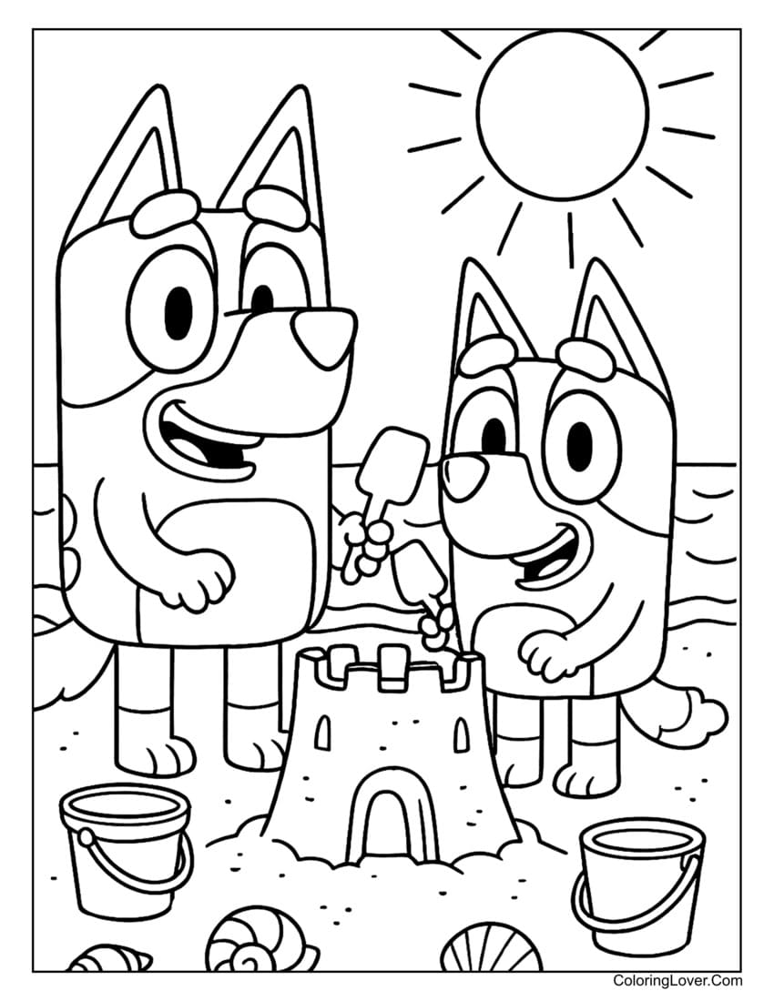 Bluey and Bingo building sandcastle on sunny beach coloring page for kids