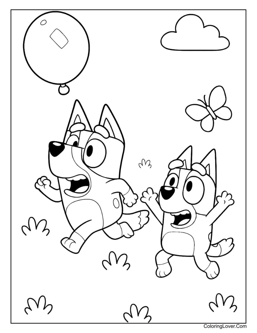 Bluey and Bingo chasing balloon and butterflies coloring page