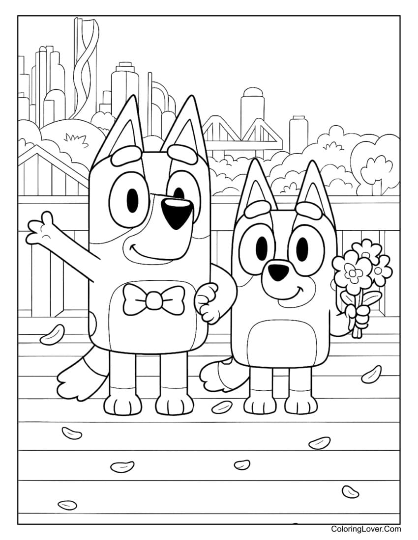Bluey and Bingo dressed up for city celebration coloring page