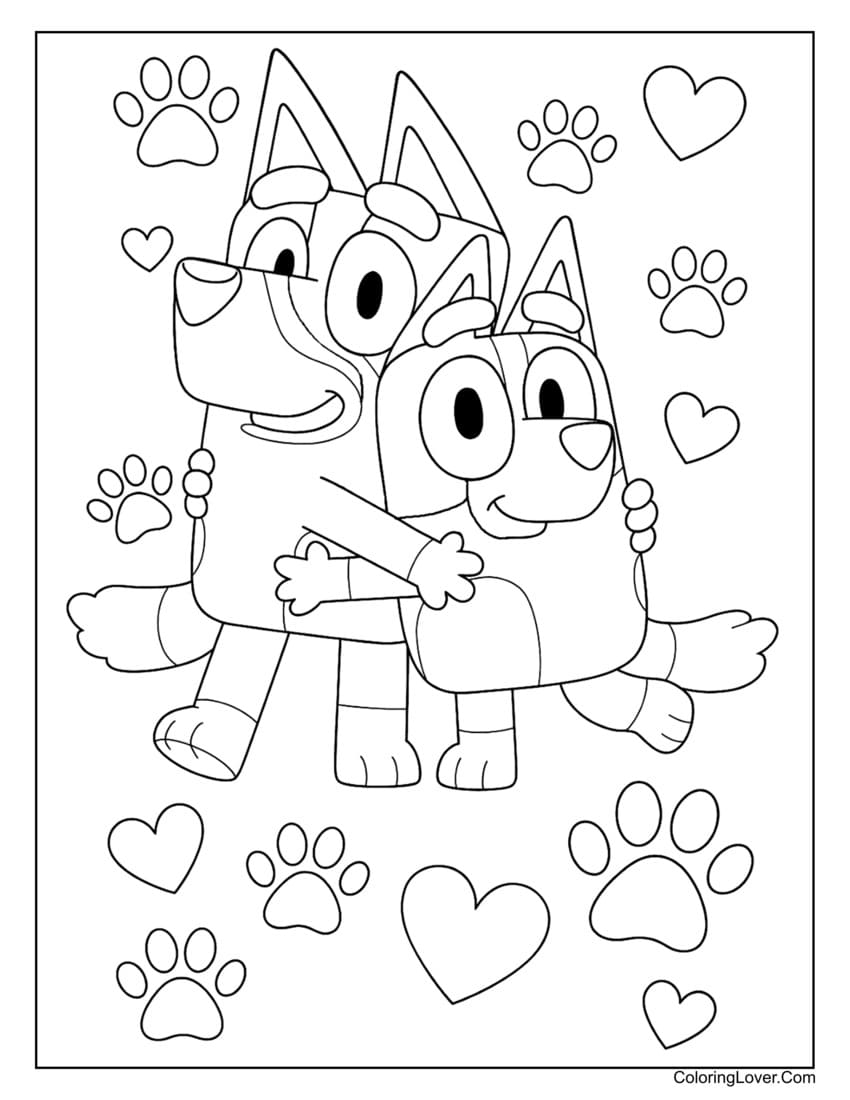 Bluey and Bingo hugging with hearts and paw prints coloring page