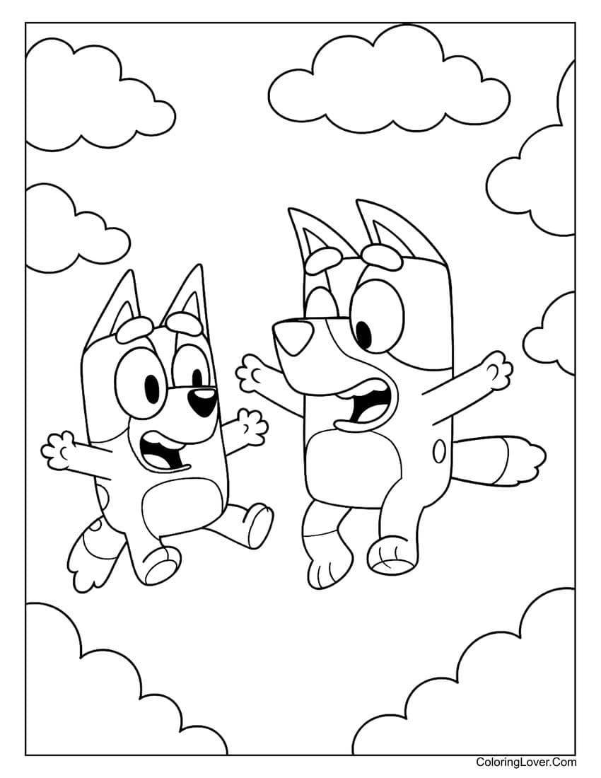 Bluey and Bingo jumping happily in the clouds coloring page