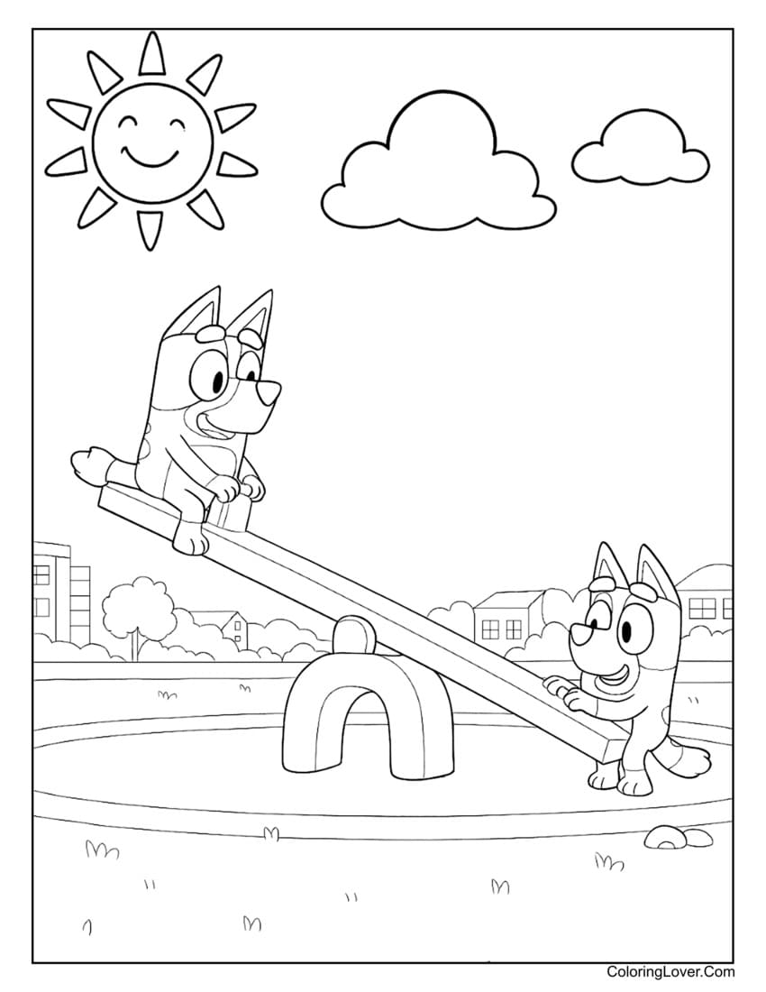 Bluey and Bingo playing on seesaw under the sun coloring page