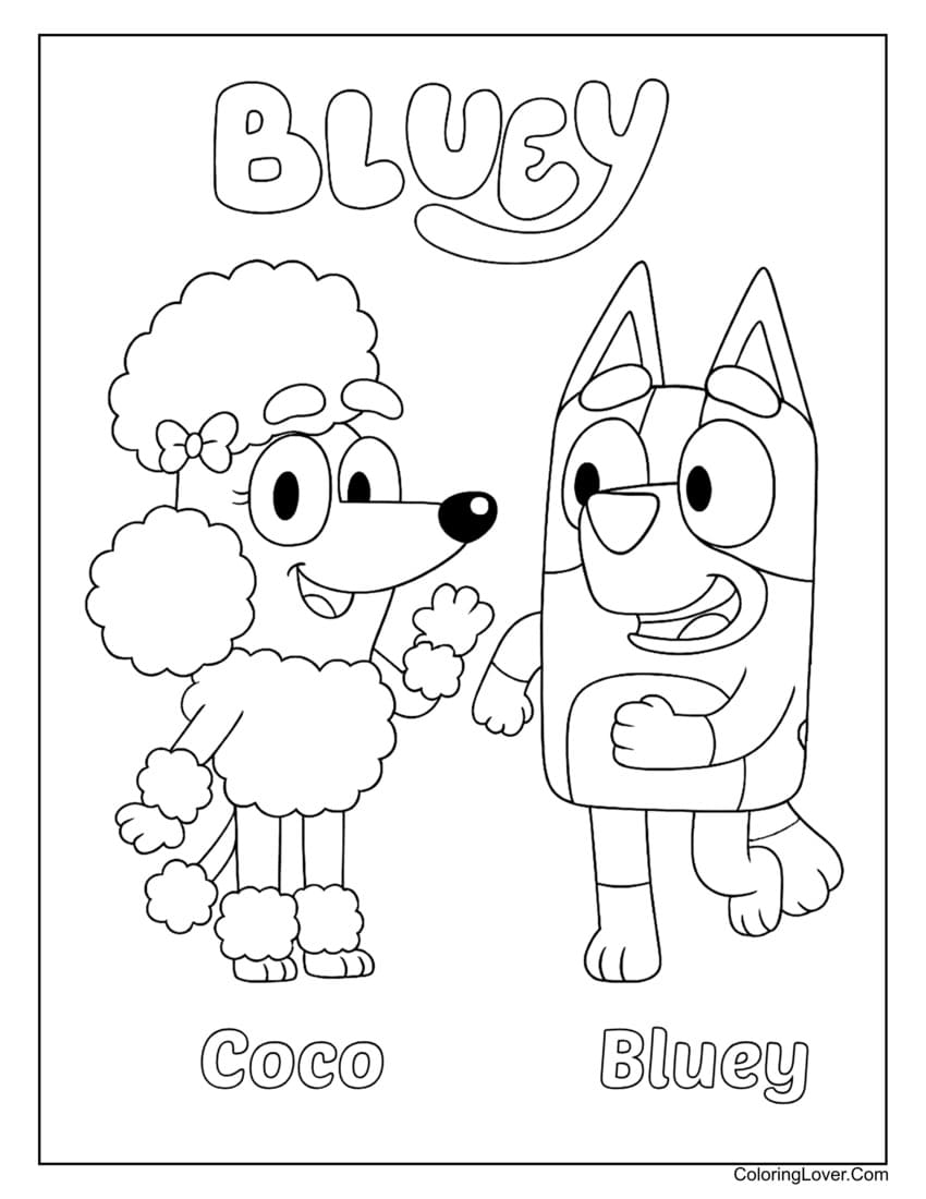 Bluey and Coco standing together smiling coloring page