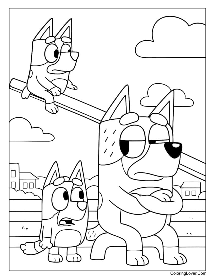 Bluey and family playing on seesaw in playground coloring page