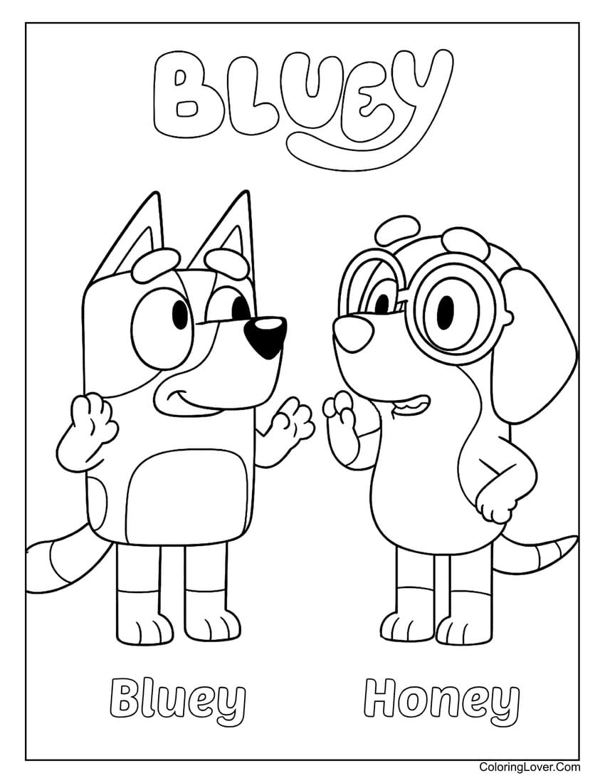 Bluey and Honey having cheerful conversation coloring page