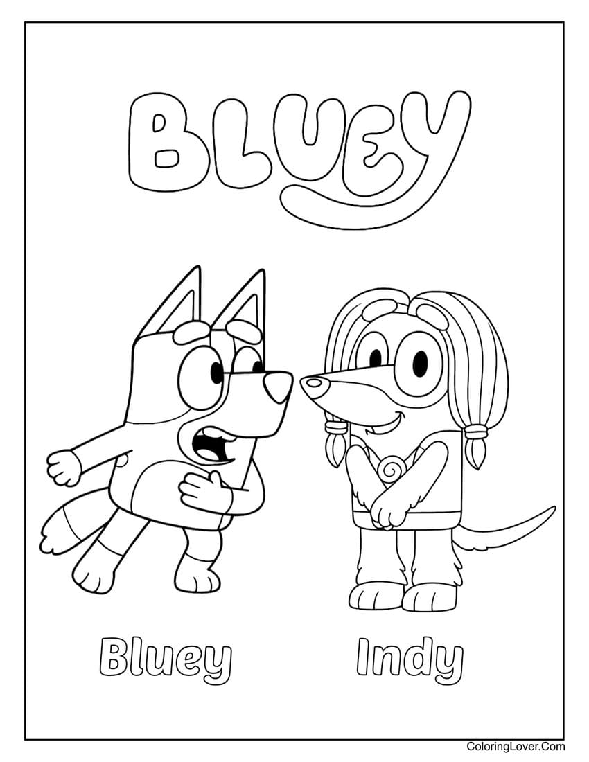 Bluey and Indy chatting curiously together coloring page
