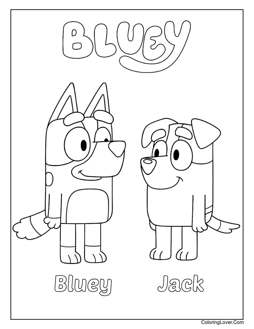 Bluey and Jack standing next to each other smiling coloring page