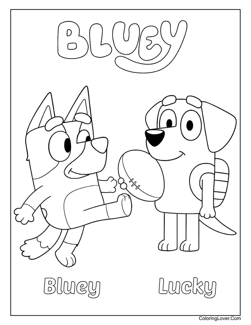 Bluey and Lucky tossing a ball in playful mood coloring page