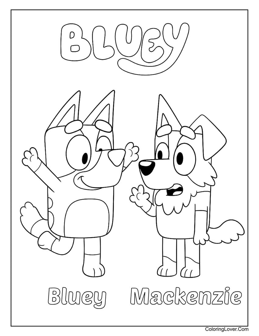 Bluey and Mackenzie waving with happy expressions coloring page
