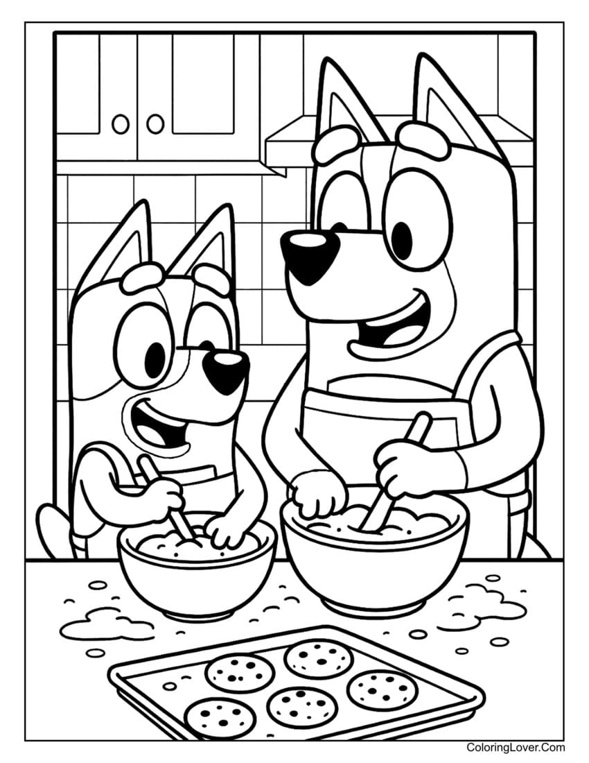 Bluey and Mum baking cookies in the kitchen coloring page for kids