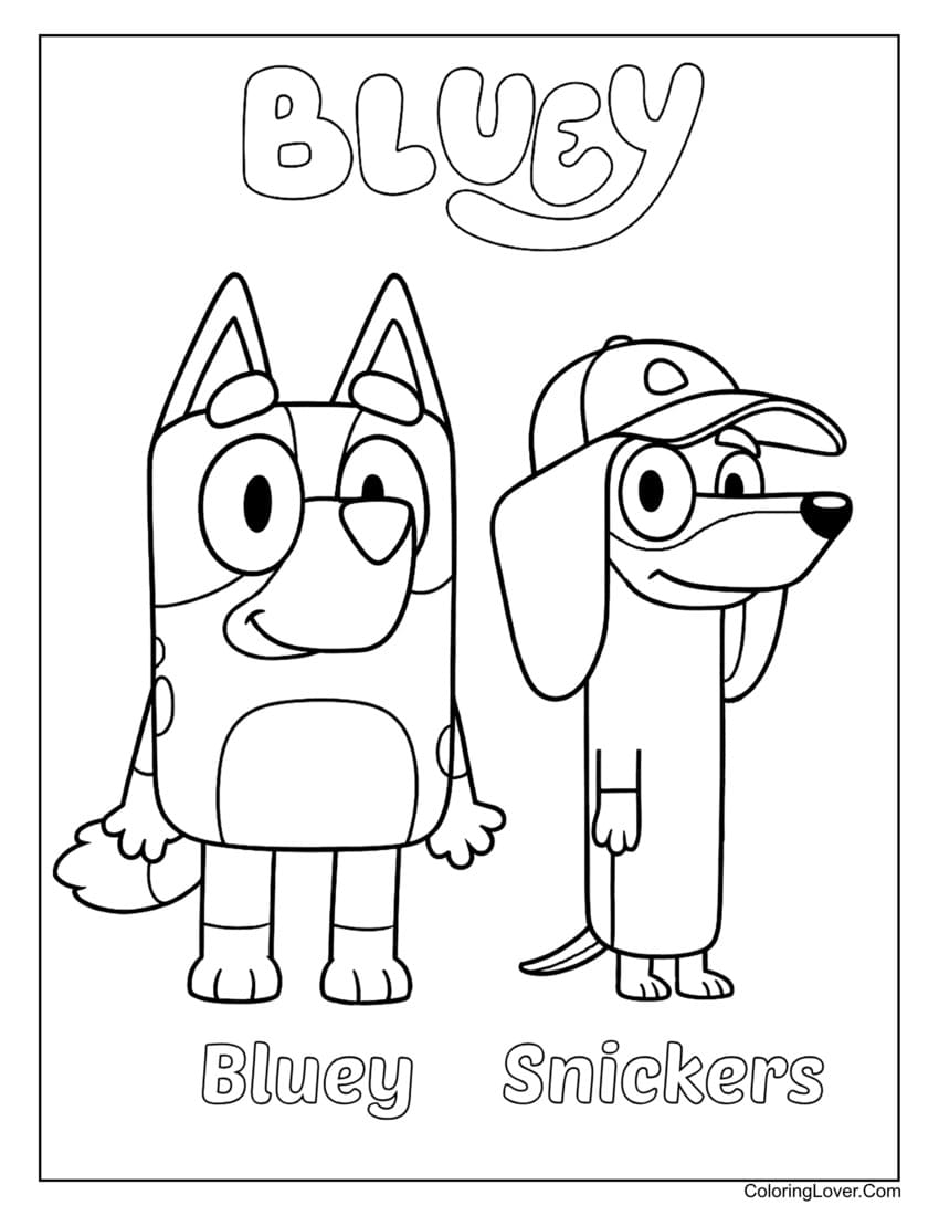 Bluey and Snickers posing calmly side by side coloring page