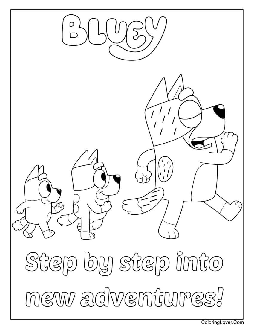 Bluey, Bingo and Bandit walking together joyfully coloring page