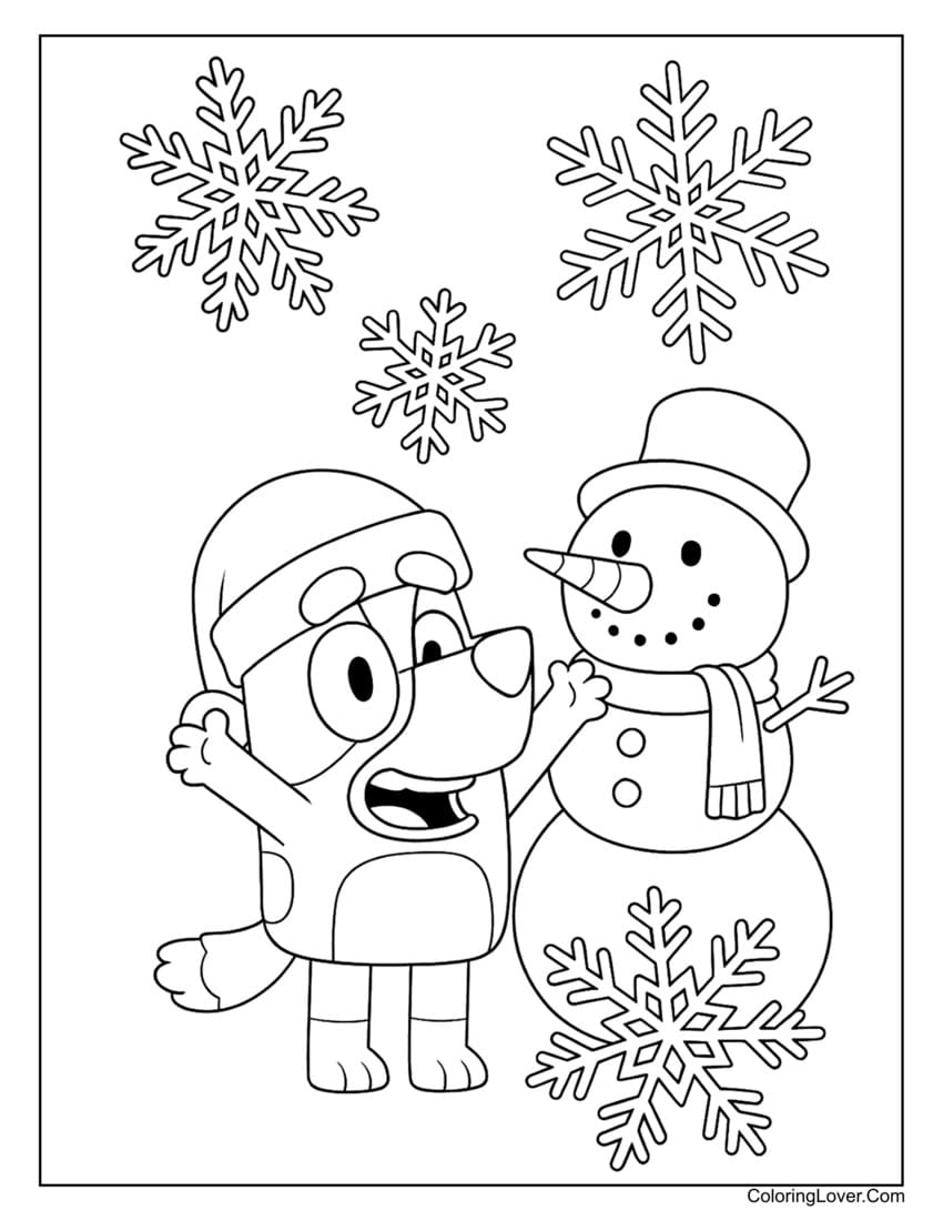 Bluey building snowman under falling snowflakes coloring page
