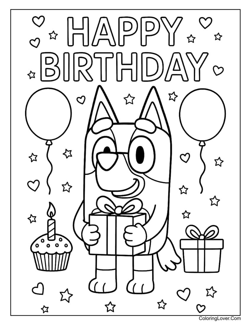 Bluey celebrating birthday with gifts and cupcake coloring page for kids