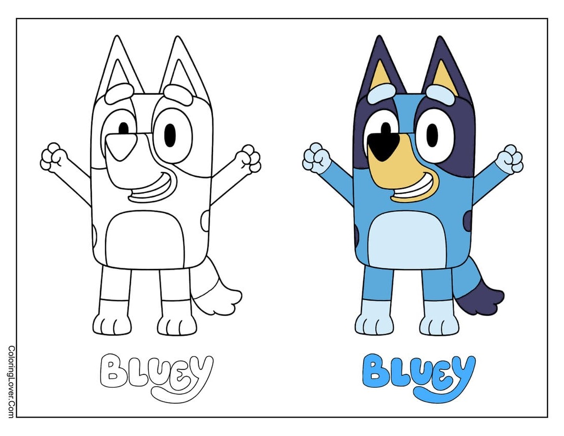 Bluey character coloring page with colored reference for kids to follow