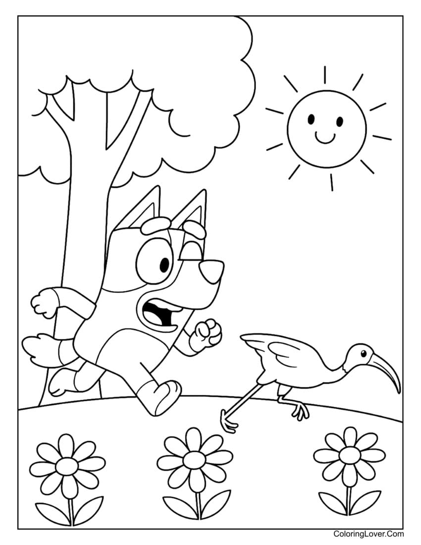 Bluey chasing a bird on a sunny trail coloring page