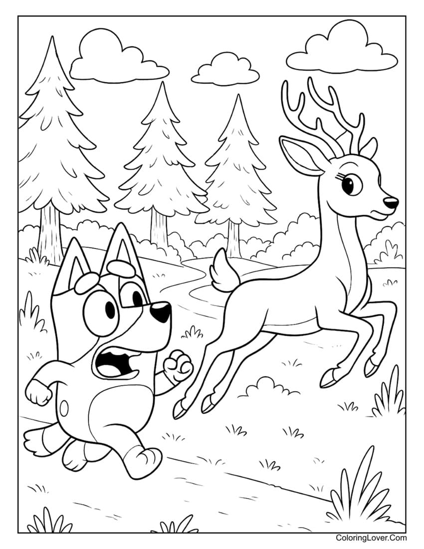 Bluey chasing a deer through the pine forest coloring page