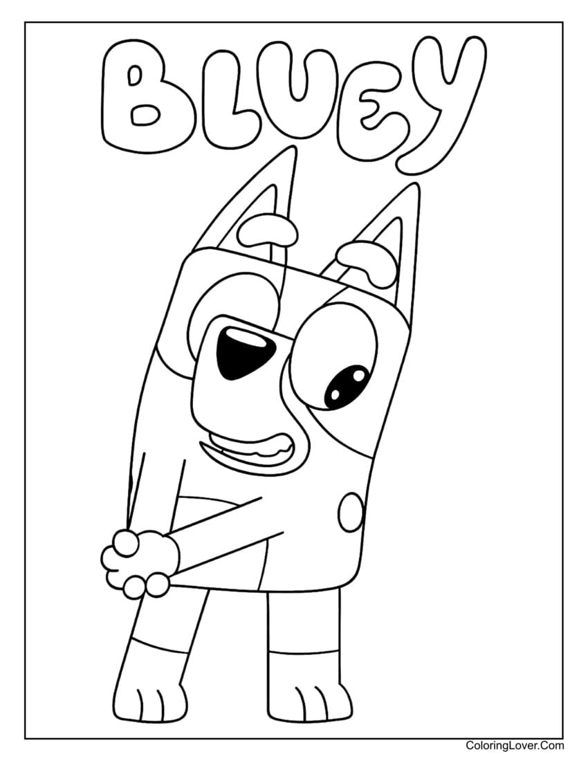 Bluey dancing cheerfully with confident pose coloring page (easy coloring for preschool)