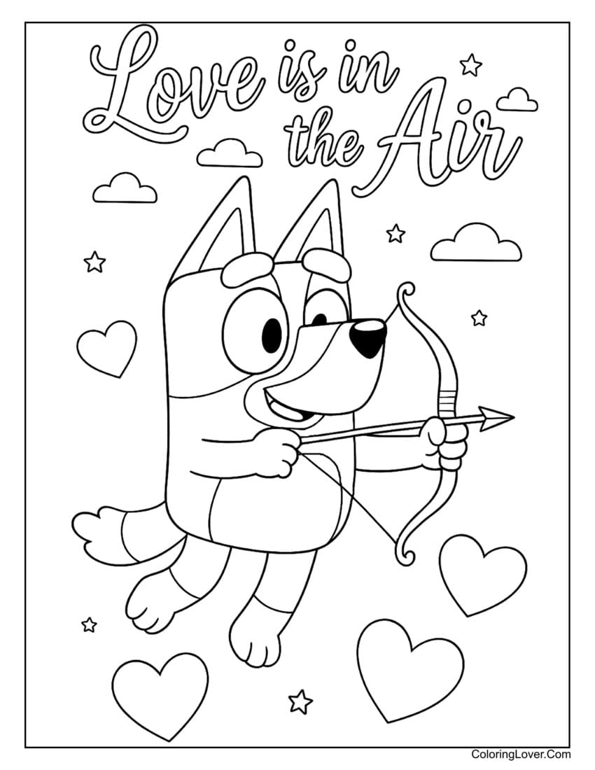 Bluey dressed as Cupid with bow and hearts for Valentine’s Day coloring page